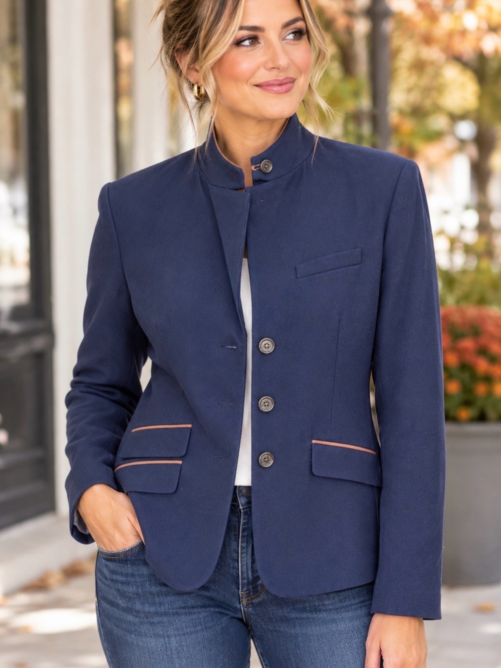 Ralph Lauren Navy Stand-Collar Equestrian style Blazer with Contrast Trim Sz 8P